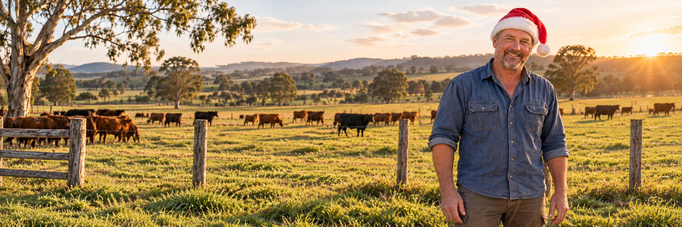 A farmer in a Christmas hat standing on an Australian cattle farm at sunset