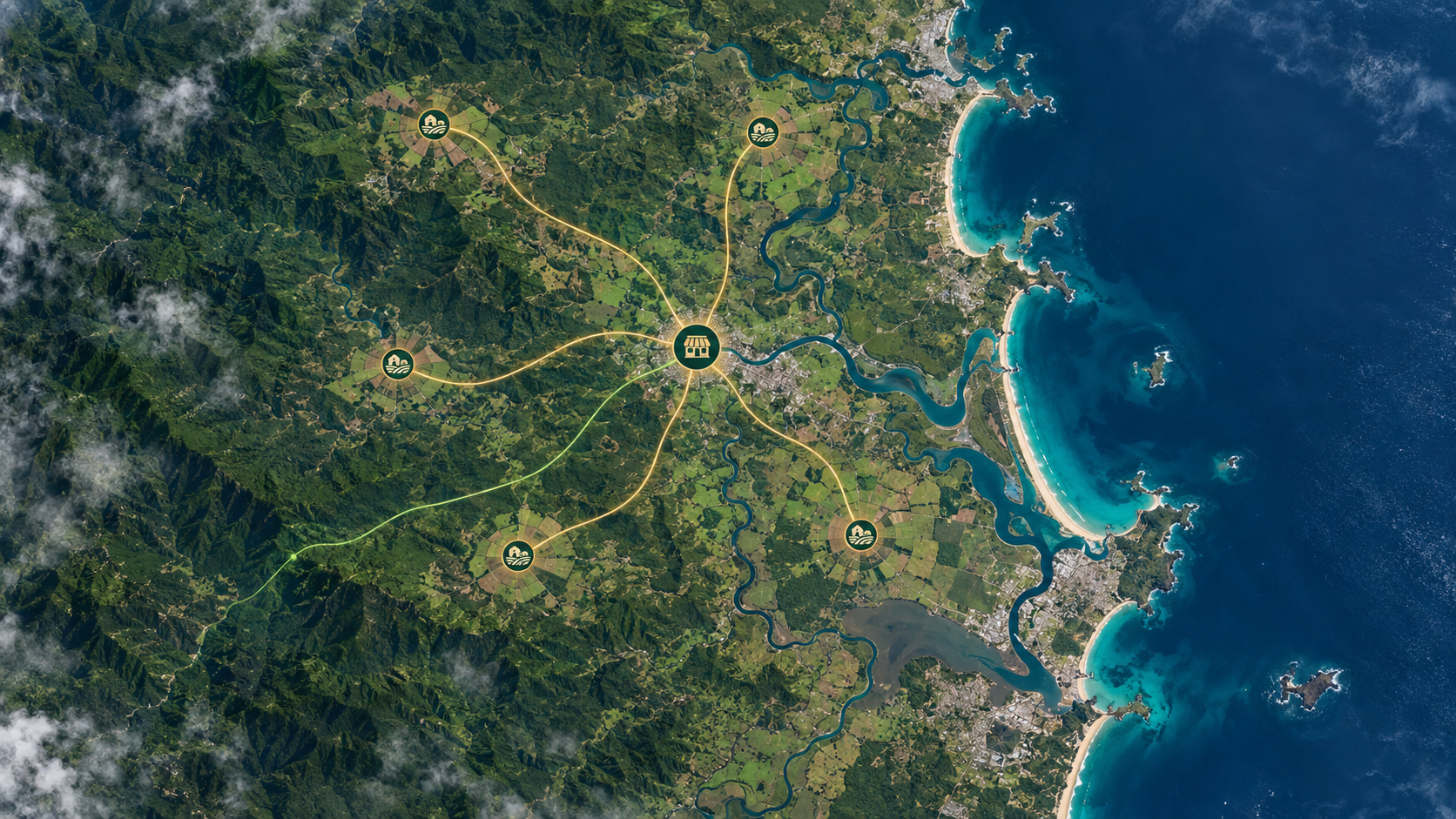 Illustration of local farms connected to a regional butcher hub